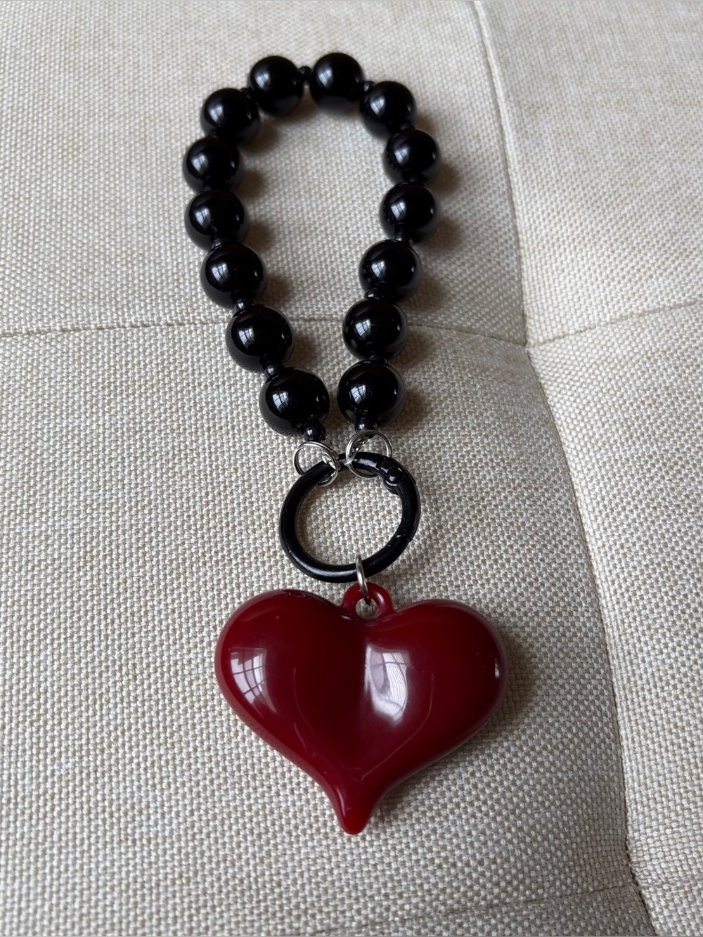 Black Beaded Bracelet/Keychain with Red Heart Charm